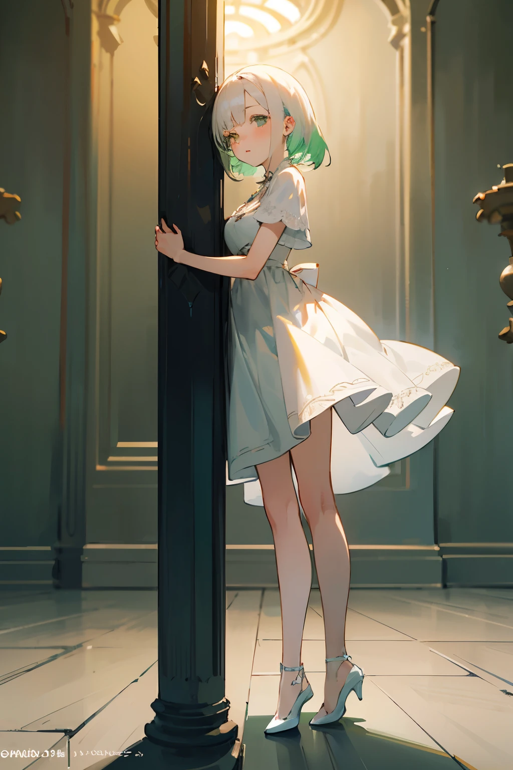 ((best quality)), ((masterpiece)), (detailed), 1girl, adult girl with white hair fading
into a light green hair on the bottom anime manhwa style, wearing a white dress full body