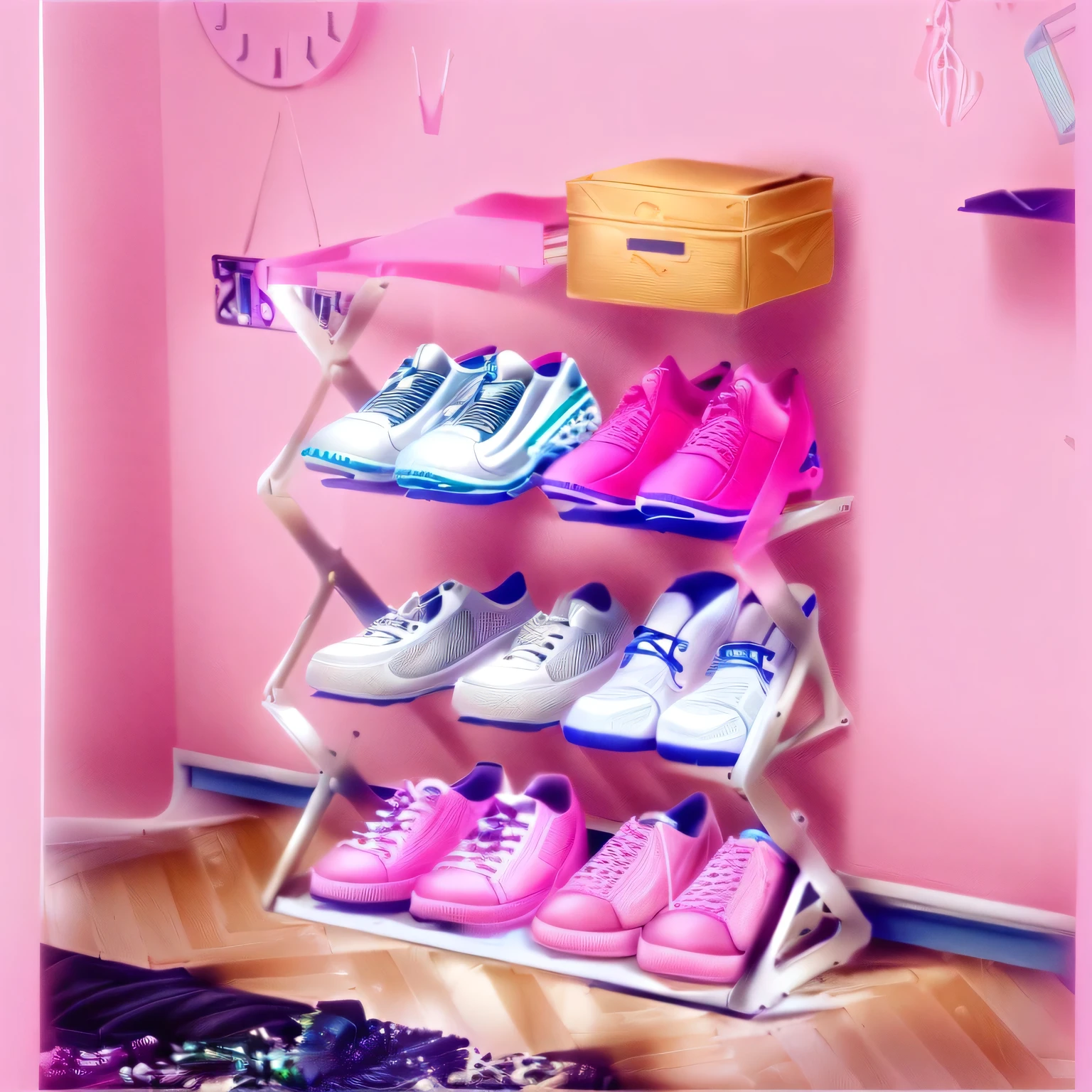 a close up of a shoe rack with shoes on it, sneaker, shelf, fashionable, shoes, pink shoes, sneaker shoes, standing on a shelf, flat, highly fashionable, whole shoe is in picture, racks, shelves, sneakers, focus on sneakers only, y2k design, ebay product, battle stand, neat and tidy, (pink colors)