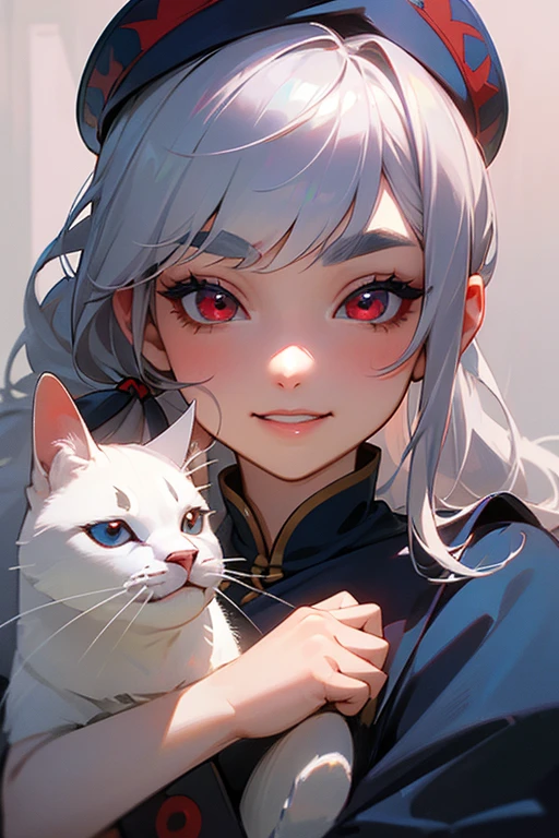 (Highest quality, masterpiece:1.2), (High resolution, 最高masterpiece).(difficult).Very detailed, Realistic:1.37, Fantasy, An illustration,Gray Hair、 Red eyes、Queen, Navy and blue dress、beautifully、Eyeshadow Red、Thick eyebrows、Long eyelashes、pupils are black、shiny on the lips、Top Sites、Queen、Princess、A kind smile、Show your teeth a little and smile、Soft impression、people々々々々々々々々々Loved by、Slimming the face、Shoulder Bare、ponytail、Kissing Face、Long white hair、Shaggy Bangs、Save face image、Cinderella Castle、