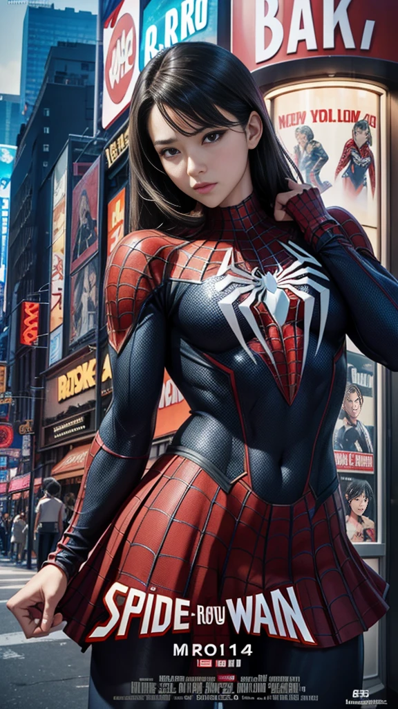 break・ライヴリー、マーベルコミックの映画Poster、so beautiful、Movies about Spider-Man、sexy、whole body、Wearing a skirt、Premiere Date、Poster、belly buttonを突き出す、new york、She&#39;s wearing a ripped Spiderman suit、The suit is torn、Wearing a skirt、Red and black color scheme、dynamic、masterpiece、Highest quality、Super detailed、Very detailed、Delicate and beautiful shine、Ultra-high resolution、Cinematic、break、breakドロップ、(Torn clothes:1.5)、(Wet clothes:1.4)、Bare shoulders、Real Rain、Wet Hair、belly button、Exposed Skin、sexyな肩を披露