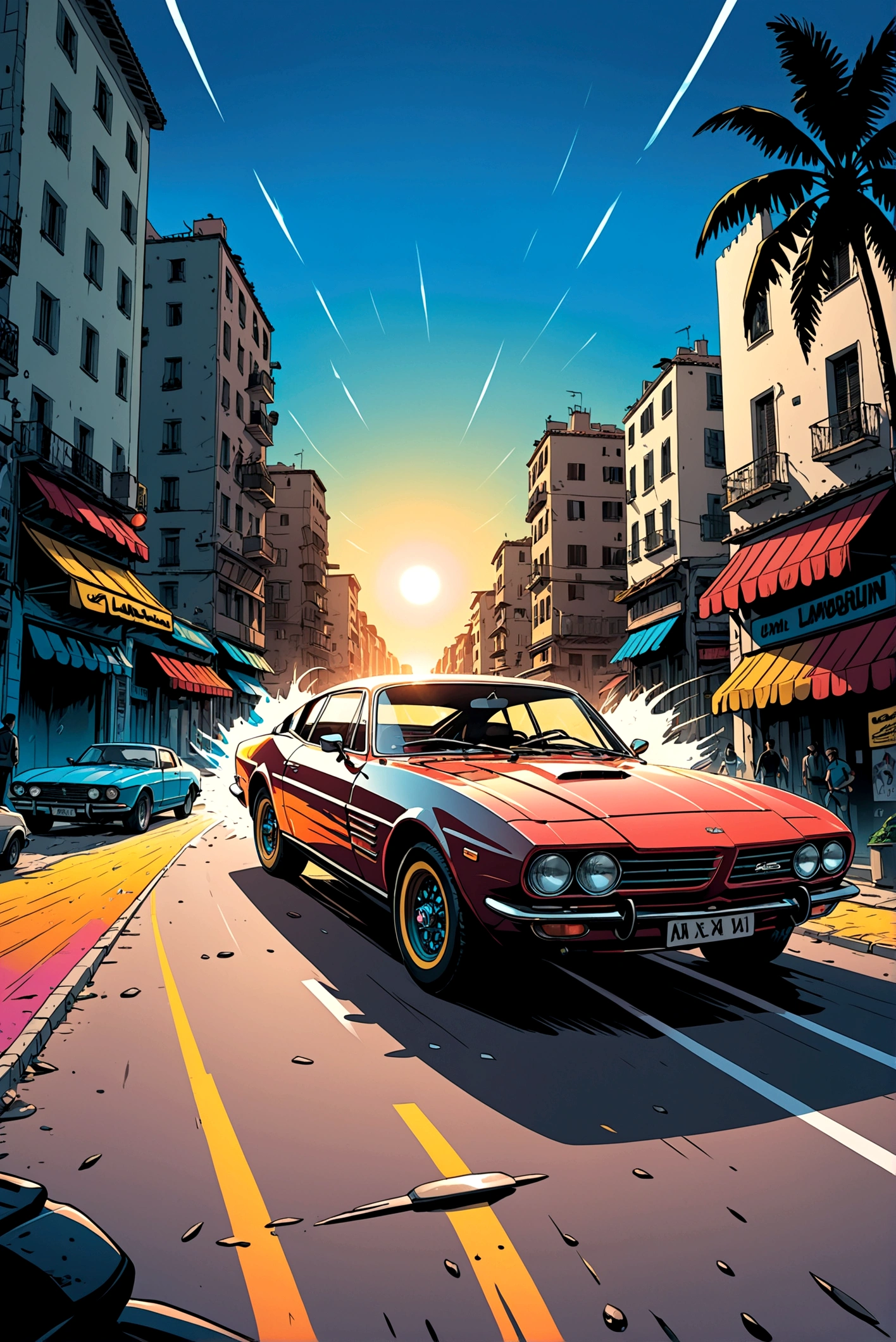 Lambourguini Urus , Lambourguini Urus , candid view, car chase, epic, action, cinematic, motion trails, colored inked, comics, graphic novel illustration, flat colors, highly detailed, large gradient, paper texture, go pro, color graded illustration, comics page