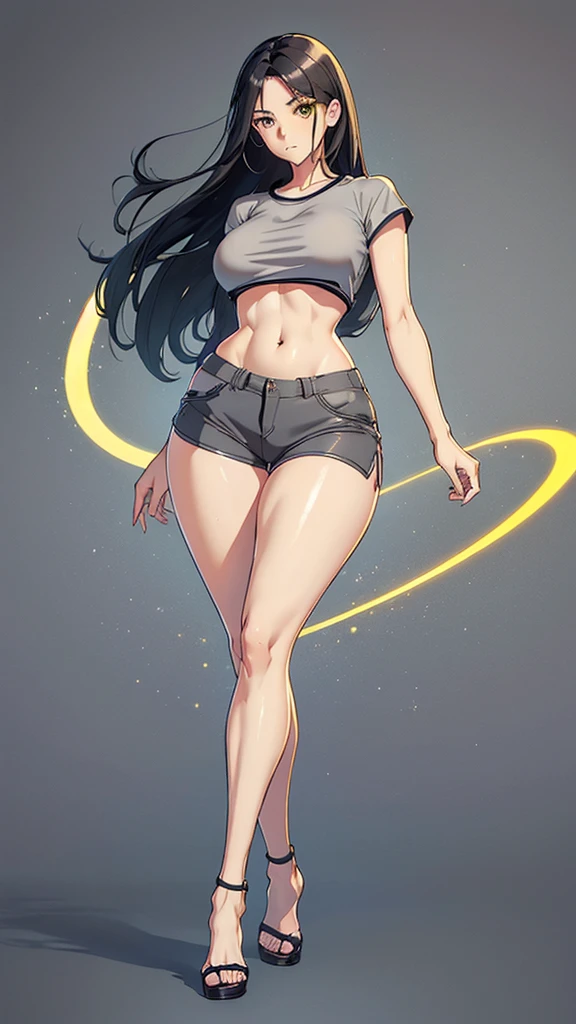 Create a hyperrealistic, photorealistic, 4K, anime girl, cute, beautiful, hot with (straight black hair), (light yellow eyes, glistening), (mature), ((smooth stomach)) ((very tight light gray cropped shirt)) ((with tight dark gray shorts)), completing her sleek and formidable appearance. ((medium breasts, medium butt, medium thighs, curvy)) (long and thin waist) ((full body)) ((front-facing)) (slim body) (smooth sexy stomach) ((hourglass figure)) (full body in camera) ((thin face)) (toes)