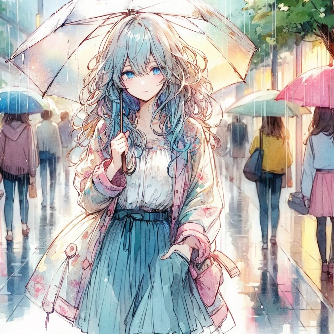 Official art using high-quality hand-drawn watercolor sketch techniques. (best quality,4k,8k,highres,masterpiece:1.2),ultra-detailed,beautiful detailed eyes,A girl with beautiful eyes, everyone, beautiful anime girl, cute anime girl, smooth anime art, anime style, elegant colors, soft lighting, delicate beautiful wet eyes, very coquettish, (beautiful large breast:1.2), (correct hands:1.2),