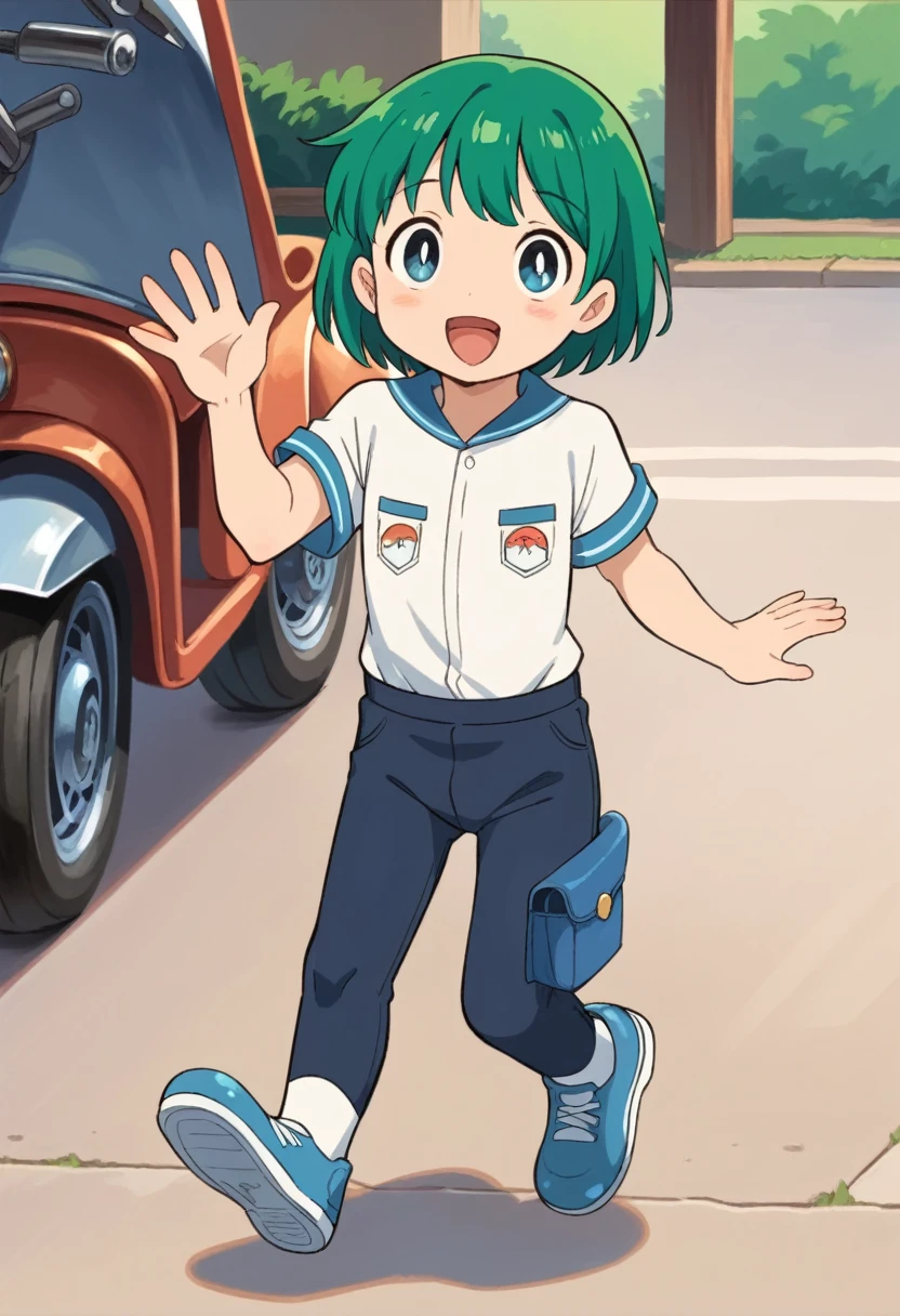 Cute young boy, ropple, blue eyes, green hair, cute face, very smail, laughing, nsfw, small breasts, waist, motorcycle pants, wet spats, cute crotch penis, running, full view body, waving at viewer, looking at another, cute face, very smail, laughing, happy, vaginal penis,