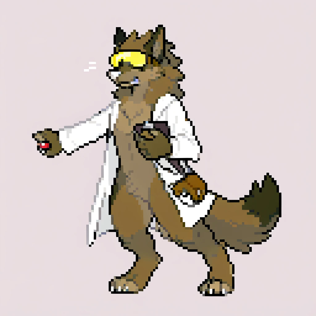 canid, canine, canis, mammal, mythological_canine, were, werecanid, werecanine, werewolf, wolf, anthro, biped, brown_body, brown_fur, white_nose, white_labcoat, yellow_visor, brown_satchel, barefoot, left_hand_holding_pokéball, right_hand_holding_clipboard, standing_straight, standing_upright, male, fingers, fluffy, fluffy_tail, fur, thin_anthro, full_body, solo, digital_media_(artwork), hi_res, masterpiece,