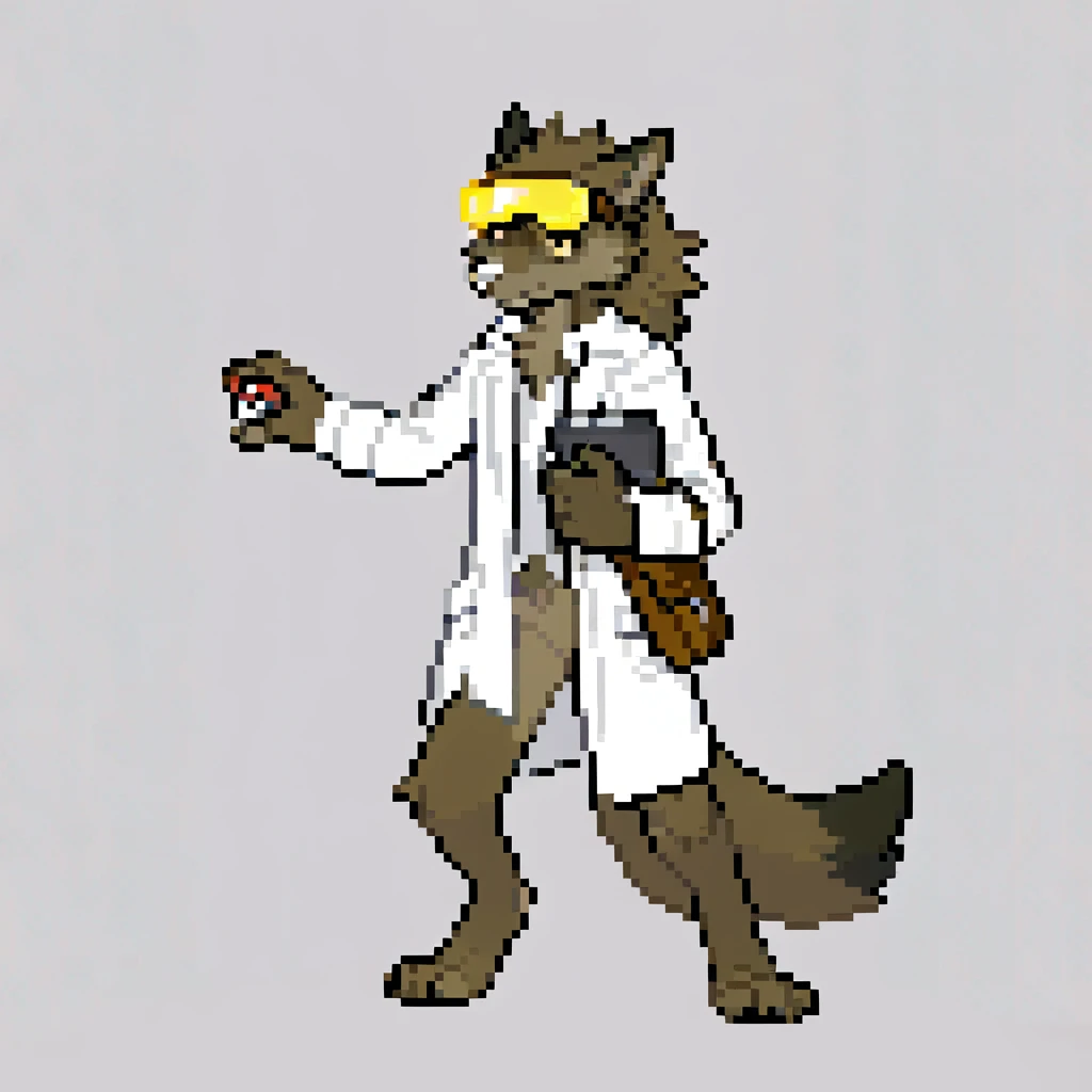 canid, canine, canis, mammal, mythological_canine, were, werecanid, werecanine, werewolf, wolf, anthro, biped, brown_body, brown_fur, white_nose, white_labcoat, yellow_visor, brown_satchel, barefoot, left_hand_holding_pokéball, right_hand_holding_clipboard, standing_straight, standing_upright, male, fingers, fluffy, fluffy_tail, fur, thin_anthro, full_body, solo, digital_media_(artwork), hi_res, masterpiece,
