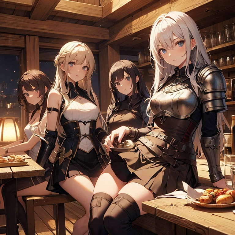 A group of  female medieval fantasy adventurers, (in tavern), various hair styles, harem, night, details face, short skirt, seducing, sleeveless, armor 