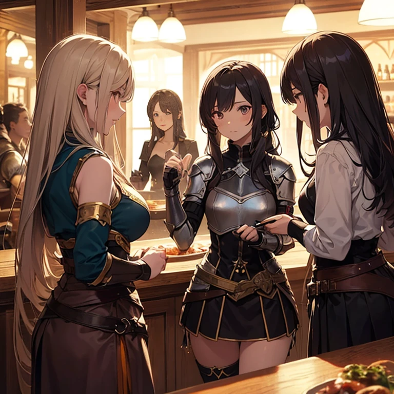 A group of female medieval fantasy adventurers, (in tavern), various hair styles, harem, night, details face, short skirt, seducing, sleeveless, armor