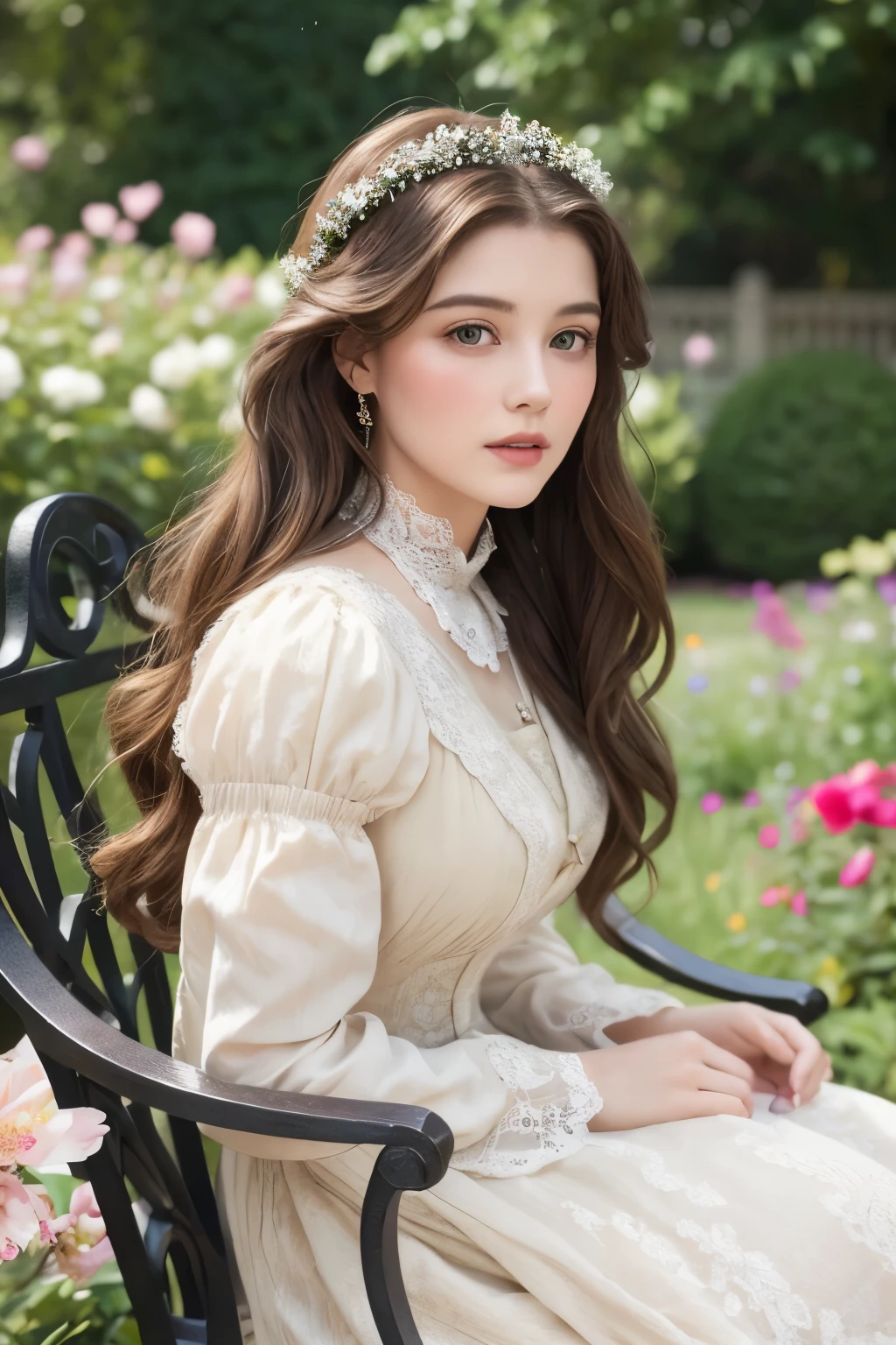 Generate a highly realistic and detailed image of a beautiful English woman from 100 years ago. She has fair skin, long wavy hair, and soft, elegant features. She is wearing a classic early 20th-century dress, with intricate lace details and a high collar. Her hair is styled in loose waves, with a few curls framing her face. The background should be a traditional English garden, with blooming flowers and a vintage wrought iron bench. The overall atmosphere should be serene and timeless, capturing the elegance and grace of the period.