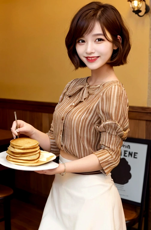 1woman, idol, bob cut, short hair, brown hair, cafe, 20s, flared sleeve blouse, flared skirt, smile, pancakes,