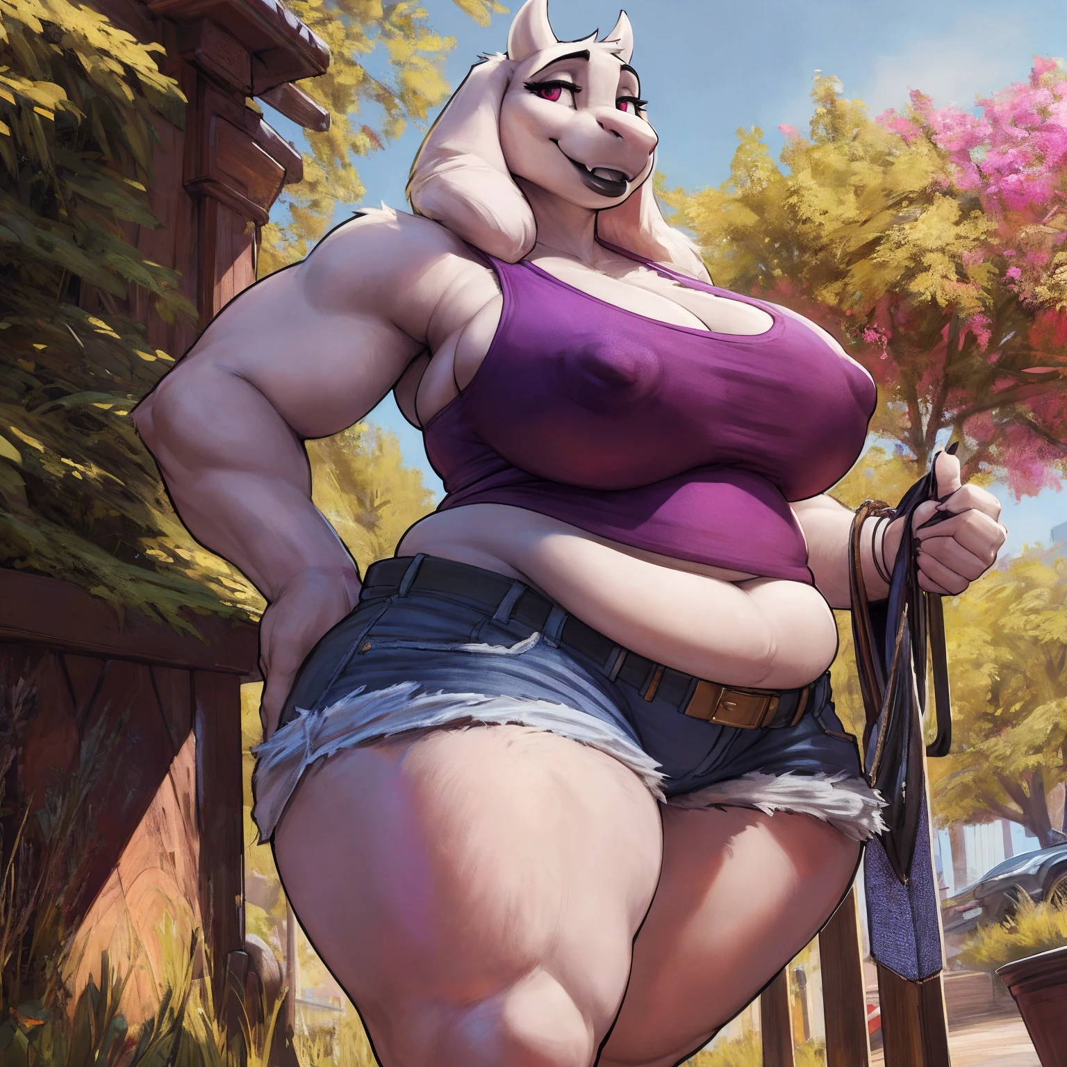by darkgem, by duase, by bng, solo, 1girl, toriel, maroon eyes, female, older woman, furry body, chubby, heavyset, broad shoulders, wide body, wide hips, thick thighs, big arms, heavy breasts, nipple outline, highly detailed eye, (black pupil:1.3), milf, tank top, (bare midriff:1.3), cleavage, large areolae, denim cutoffs, visible thong straps, Masterpiece, best quality, absurd res, highly detailed, cleanly drawn eyes, park environment, standing upright, cute smile, big bottom lip, black lipstick, casual posture,