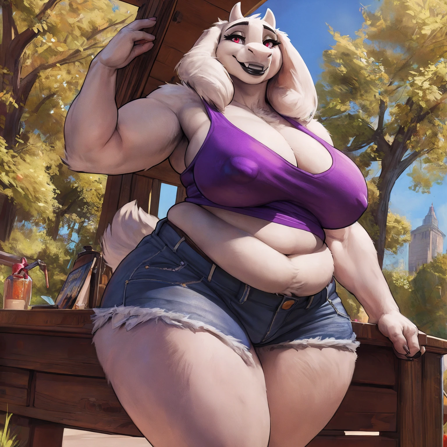 by darkgem, by duase, by bng, solo, 1girl, toriel, maroon eyes, female, older woman, furry body, chubby, heavyset, broad shoulders, wide body, wide hips, thick thighs, big arms, heavy breasts, nipple outline, highly detailed eye, (black pupil:1.3), milf, tank top, (bare midriff:1.3), cleavage, large areolae, denim cutoffs, visible thong straps, Masterpiece, best quality, absurd res, highly detailed, cleanly drawn eyes, park environment, standing upright, cute smile, big bottom lip, black lipstick, casual posture, 