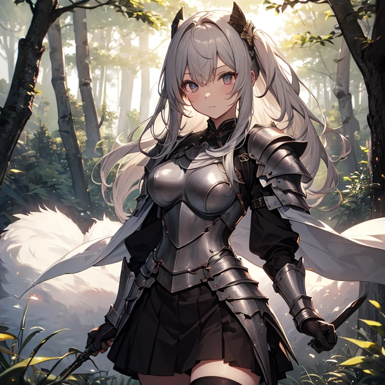 A group of female knight, (in forest), various hair styles, harem, wearing armored clothes, metal armor, night, details face, , short skirt, seducing, sword