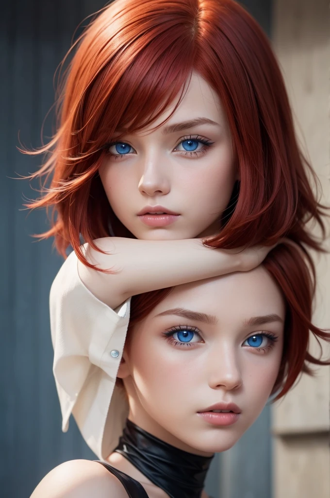 Redhead bob cut character, with piercing blue eyes