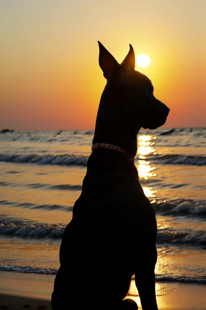 Silhouette of pitbull dog with not very pointed ears from back looking at the sunset