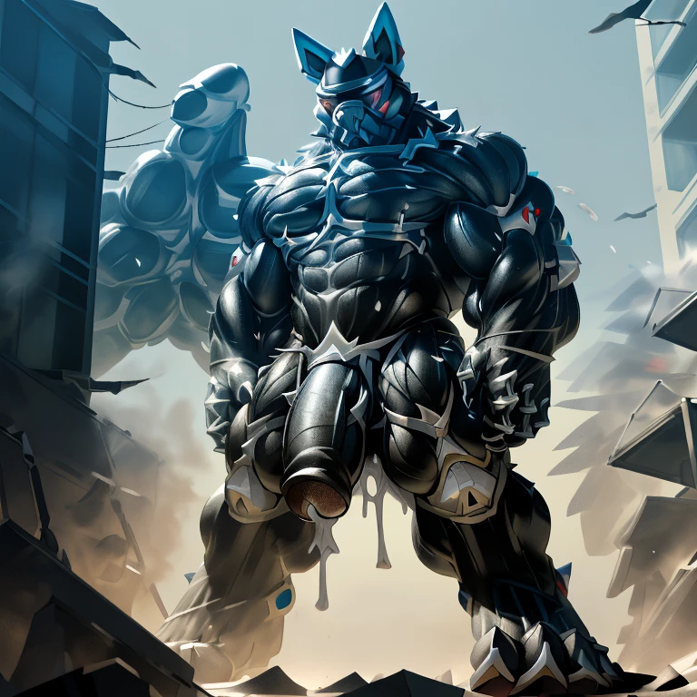 (masterpiece. official art. 8k. best quality. detailed full body. full body.)
(situation 1 : dominating LUCARIO.  Height 1800m.)

(Additional details 1: wearing a full-face helmet. helmet is jet black. The color of NANOSUIT is jet black. high-tech bio-mecha armor. real texture material. whole body shines like metal. Wearing cyberpunk mecha. emphasizes the muscles. suit fully made of metal. intricate armor. Robotic suit. suit fully made of metal. NANOSUIT with the same design as LUCARIO.). (Lucario has 5 toes.)

(Additional details 2: (Detailed head. Detailed Body. Detailed abs. gigantic muscles. HYPER MUSCLES. Gigachad Muscular. big muscle. pecs. triceps. traps. unusually developed muscular body. body full of huge muscles. showing off muscles. pectorales enormes. Exaggeratedly huge muscles. huge muscles. long legs.).

(Additional details 3: nj5furry, Spread wings. It has wings. black have big wings. The claws are sharp. Sharp teeth.5 toes.).  (Additional details 4: black color hyper penis. hyper black penis. big penis) (Additional details 5 : Spraying hyper cum up everywhere into the sky from his erect penis. wide spray of cum, covered in cum, cum splashing in front of camera, bukkake, earth is under a thick later of cum.) He is laughing defiantly.