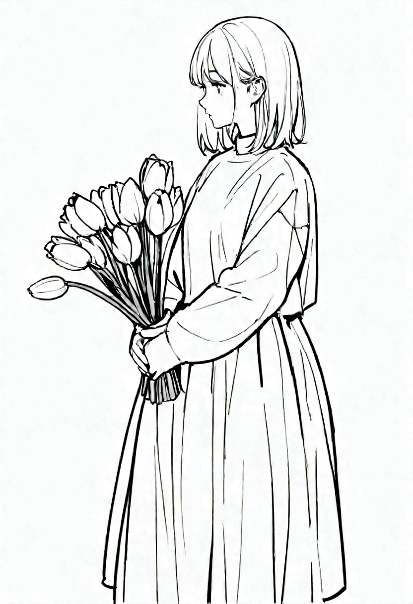 Masterpiece artwork, best qualityer, defined black lines, coloring page, 1 girl, standing alone, water,  hugging tulips, simple background, White background, monochrome, arte linear, ((outline))