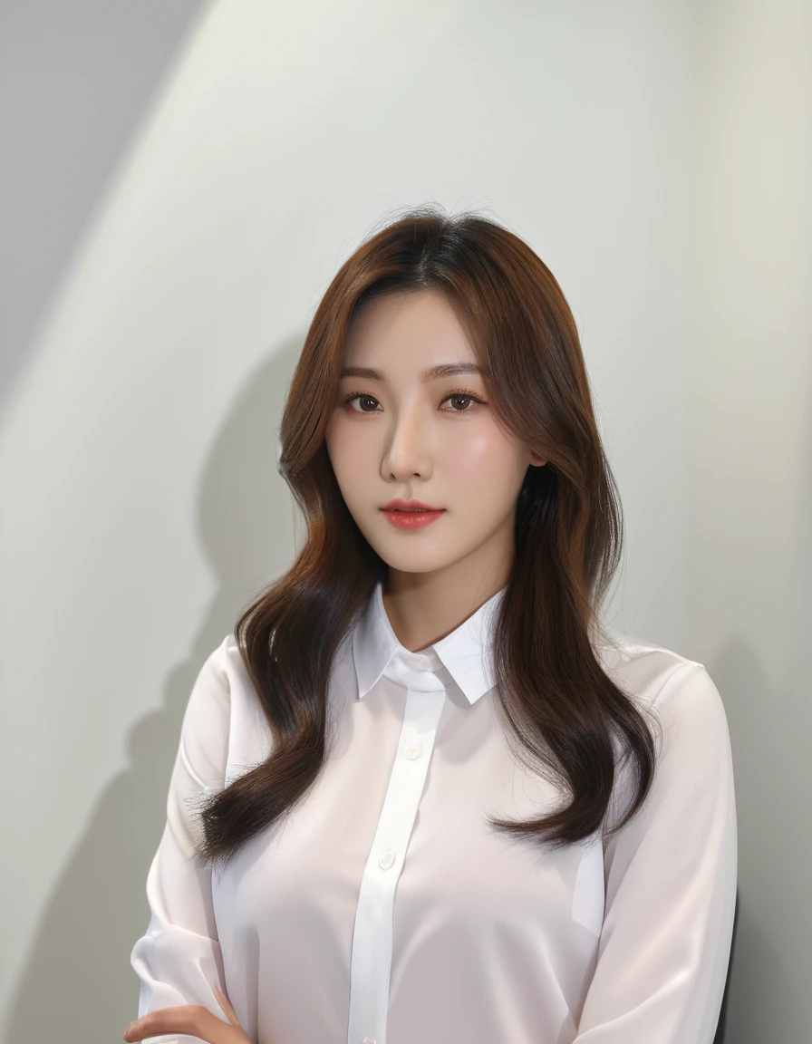 Best Quality, 8k, Masterpiece, (Portrait: 1.3), (photo realistic:1.4), (hyper realistic:1.4), Sharp Focus, looking at viewer, (smoother lighting:1.1), (increase cinematic lighting quality:0.9), realistic lighting, backlighting, light on face, ray trace, (brightening light:1.2), (Increase quality:1.4), sharp detail, (best quality real texture skin:1.4), finely detailed eyes, black_eyes, finely detailed face, 25 year old Korean woman, (white formal_shirt:1.4), (Create an image maintaining the original base model hairstyle:1.5)