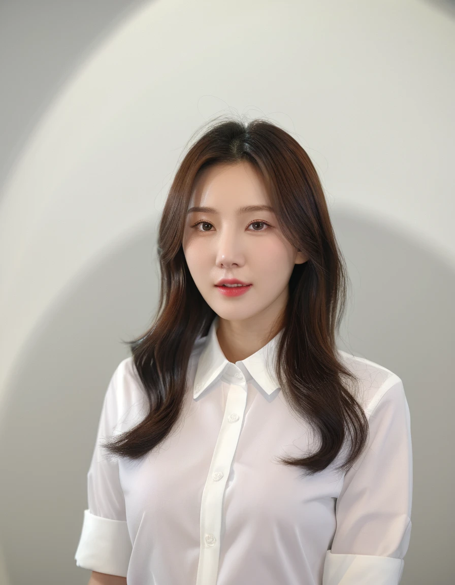 Best Quality, 8k, Masterpiece, (Portrait: 1.3), (photo realistic:1.4), (hyper realistic:1.4), Sharp Focus, looking at viewer, (smoother lighting:1.1), (increase cinematic lighting quality:0.9), realistic lighting, backlighting, light on face, ray trace, (brightening light:1.2), (Increase quality:1.4), sharp detail, (best quality real texture skin:1.4), finely detailed eyes, black_eyes, finely detailed face, 25 year old Korean woman, (white formal_shirt:1.4), (Create an image maintaining the original base model hairstyle:1.5)