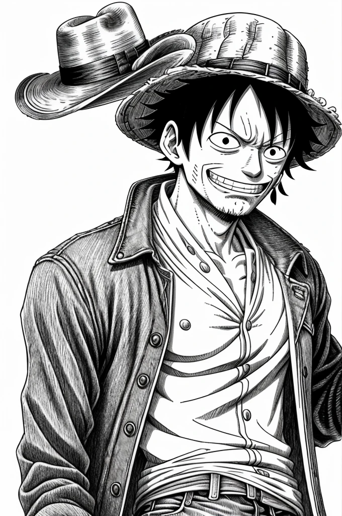 a drawing of a man in a hat and a jacket, portrait of luffy from one piece, luffy (one piece, luffy from one piece, perfect lineart, monkey d luffy, sharp lineart, luffy, monkey d. luffy, from one piece, clean lineart, extremely fine ink lineart, one piece style, add number 69 like background