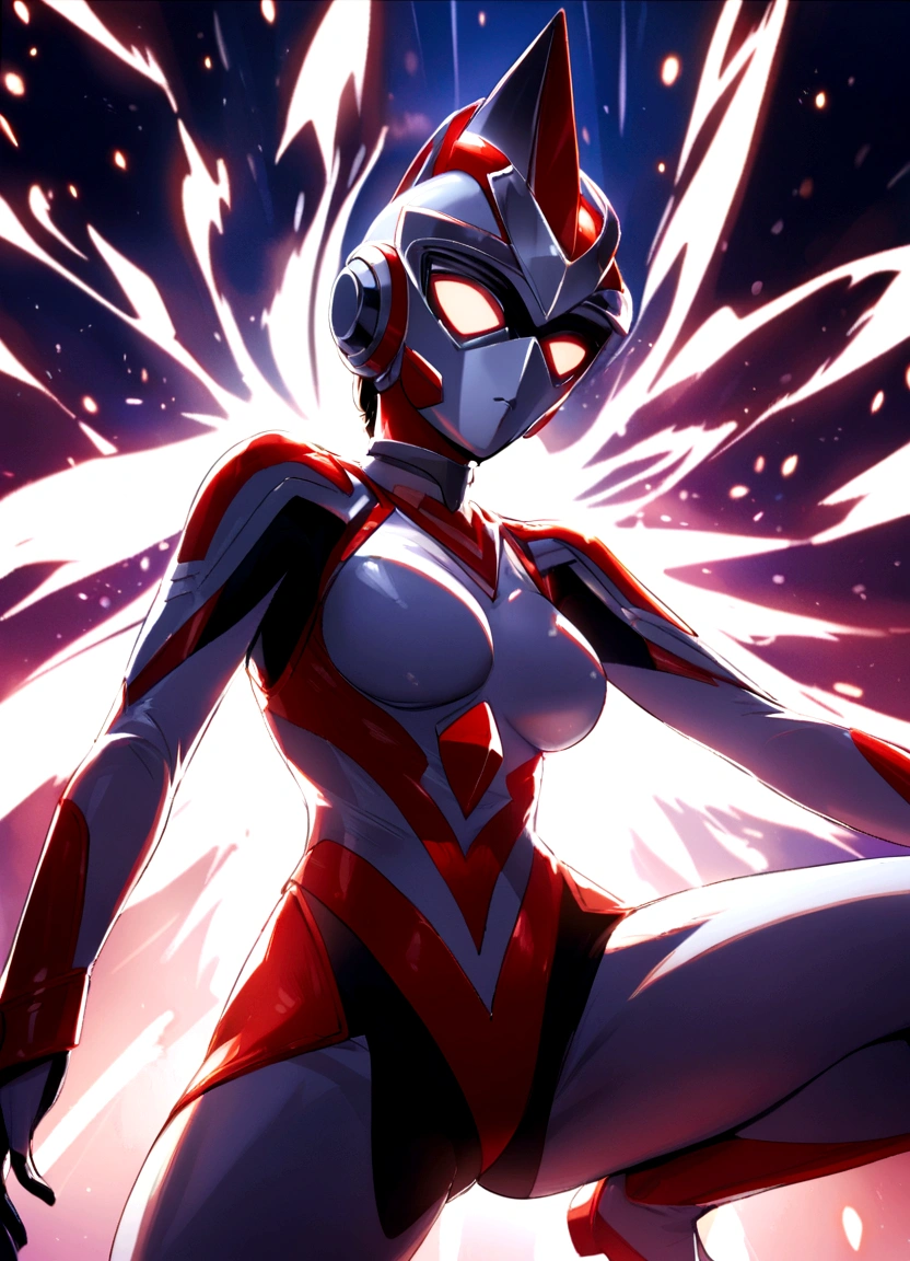 An alien with a silver body and red lines、Female Ultraman、Large milky white eyes、Monster fighting action!