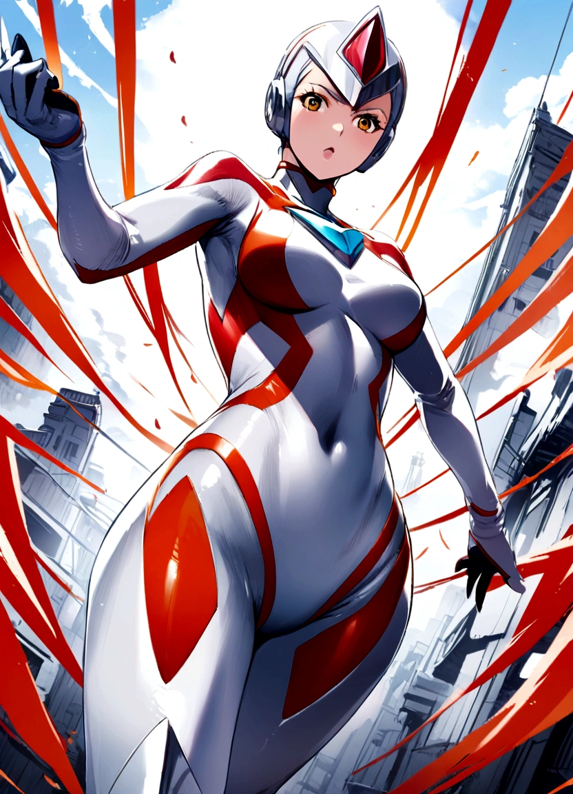 （masterpiece、8k、Ultra-delicate、hight resolution），(((Female Ultraman)))，(((No muscles，large Boob)))，(her head is tapering,The body is made of red and silver，The arms present a streamlined design，On the chest there is a round calculator，Looks tall and thin，The overall shape is streamlined、modern)，(standing athletic pose)，posed for photo，high-angle，city ruins，backgroung details，（（（full body Esbian））），solo，(((Huge feeling))),NSFW,cameltoe,(Dynamic victory Pose:1.2),from below,groin focus,the morning sun,(Erect clitoris:1.3),((Open pussy:1.5))、(wet pussy:1.3)