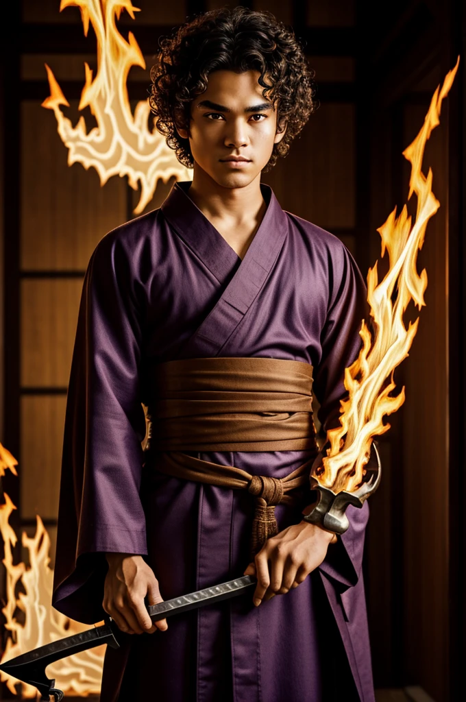 Slayer demons background shot, Curly hair girl, almost sleepy and brown eyes, serious expression, short brown loose hair, He wears a kimono with the symbol of fire and his sword that draws fire, He has a purple lock and his eyebrows are thick.