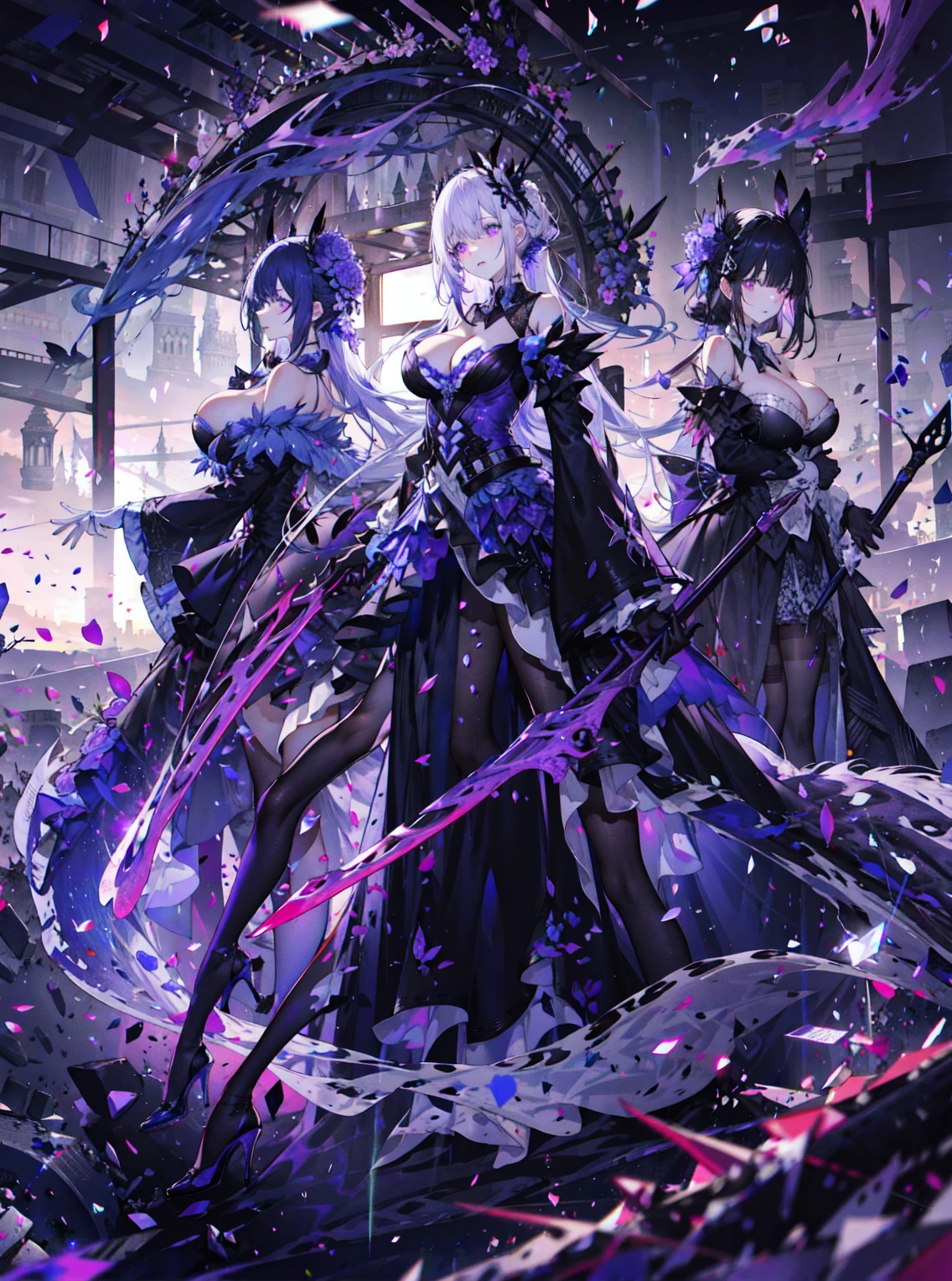 ((masterpiece:1.4,best quality)),(Super detailed),(Extremely detailed eyes),(Shiny socks:1.5),Hello Darkness
(Cute girls),,(Blood-red pupils,Diamond-shaped pupil:1.15),Purple Eyeshadow,(elongated hair,Thick hair,Single ponytail,shiny hair:1.5)(Changes through:1.2),despair,sad,Empty eyes,tears streaming down my face,tilting its head to the side,
(She wore a blue dress,:1.5),(Black gloves:1.4)Very long plush sleeves,White,White Cloud,Dream bubbles ,Ice and glitter effects
(Black long skirt:1.1),
((Starry Sky:1.2)),
(Intense black and white:1.16),(Depth of Field:1.4),,Intricate details,(((Detailed background,Castle in the Sky,Purple flowers by the lake))),(((Huge breasts,Bare breasts,Deep cleavage,White stiletto high heels,Transparent clothes)))