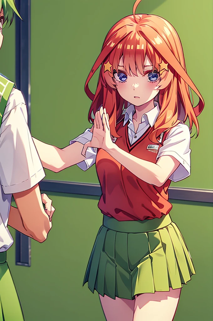 itsukinakano, itsuki nakano, bangs, blue eyes, Hair between the eyes, Ahoge, Redhead, star \(symbol\), hair ornaments, star hair ornaments,
break skirt, shirt, , clavicle, white shirt, Short sleeve, Pleated skirt, socks, collared shirt, mini skirt, Knee-length, white socks, (Green Skirt:1.5), Sweater vest, (red Sweater vest:1.5),アーチェリー
break indoors, classroom,
break looking at viewer, (Cowboy Shot:1.5),
break (masterpiece:1.2), Highest quality, High resolution, unity 8k wallpaper, (shape:0.8), (Beautiful attention to detail:1.6), Highly detailed face, Perfect lighting, Extremely detailed CG, (Perfect hands, Perfect Anatomy),