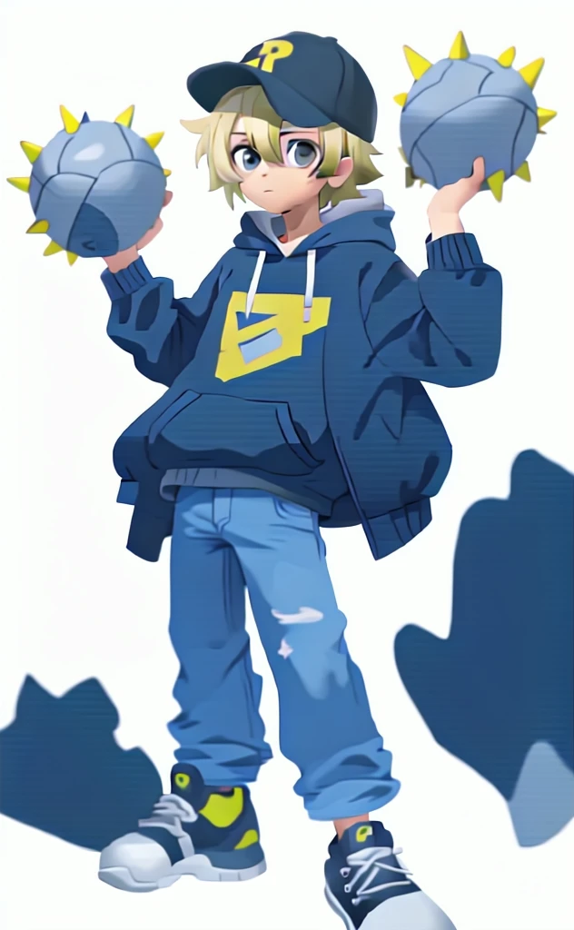 masterpiece,best quality,1boy, blonde spiky hair, black backwards baseball cap, hair coming out from cap, half yellow half grey eyes, grey hoodie underneath, black jacket, oversized denim jeans, black and white sneakers, white background, tall