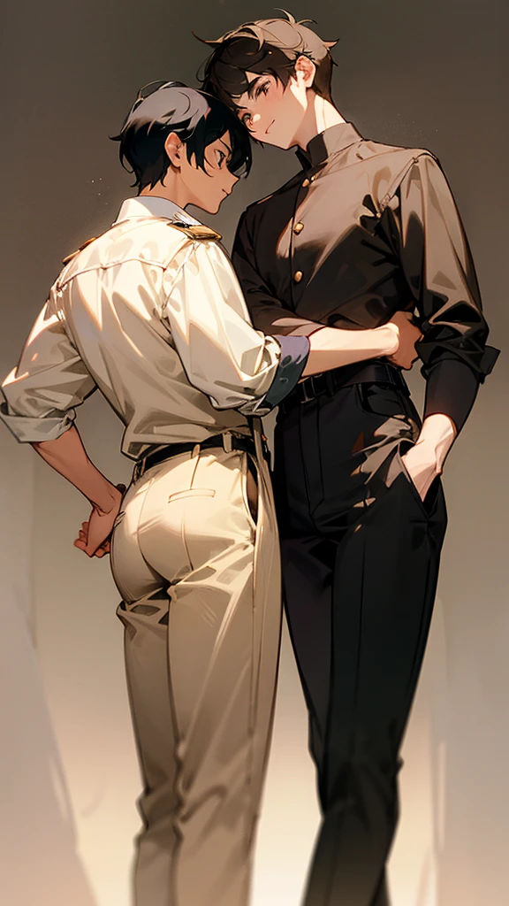two boys, one with black hair and the other light brown, one low and the other high, both in 