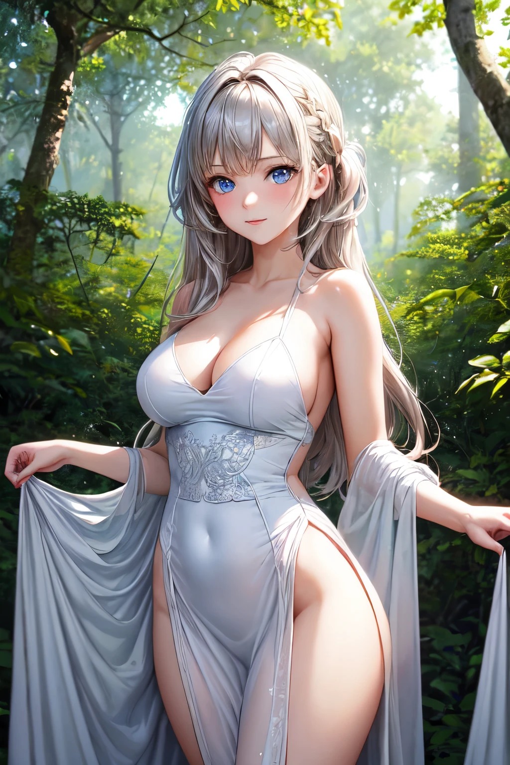 ((best quality)), ((masterpiece)), (detailed), 1girl, adult woman with brown blondeish hair and silver blue eyes wearing a long white gown in the middle of the forest