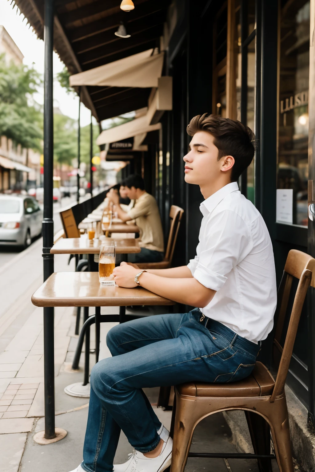 ((Best Quality)), ((Masterpiece)), (detailed)(seen from afar), 1 boy sitting outside a cafe waiting for a girl 
