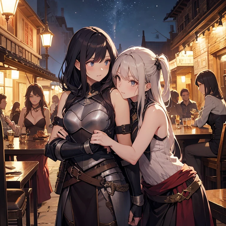 A group of  female medieval fantasy adventurers, (in tavern), various hair styles, harem, night, details face, short skirt, seducing, sleeveless, armor 