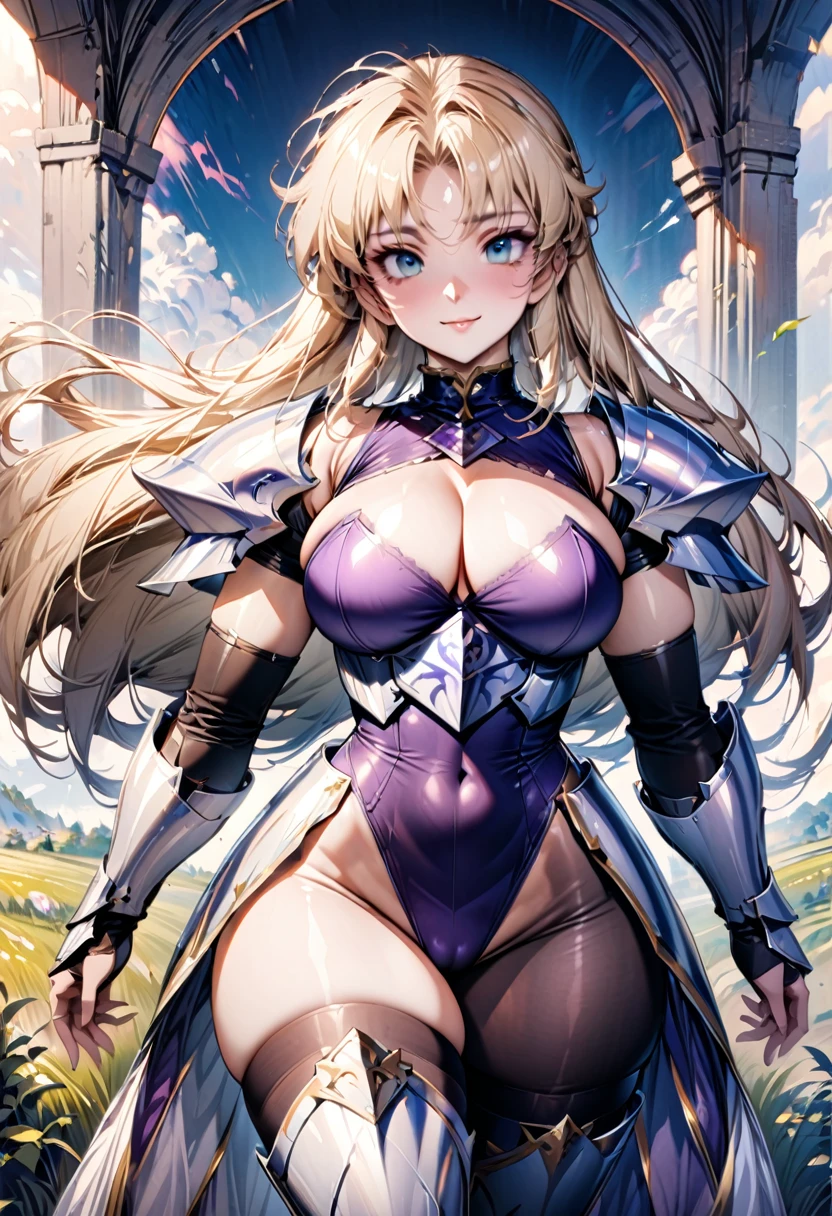 ((highest quality)), ((masterpiece)), ((hyperrealistic)), (detailed background), solo, 1girl, ((voluptuous curvy: 1.2)), kawaii, gentle smile, ((Princess Knight)), langrisser, blonde braided long hair, ((See-through dark purple sexy leotard: 1.5)), (paladin armor: 1.3), ((ArmoredDress)), ((Tight-fitting leotard bodysuit)), ((large breasts)), ((arm guard gauntlet)), leather long gloves, ((zettai ryouiki thigh boots)), (big butt), (cleavage cutout), (Groin), (thigh), (See-through black pantyhose), beautiful aqua eyes, droopy eyes, parted bangs, perfect face, Perfect hands, perfect fingers, Blue sky and grassland, posing, cameltoe