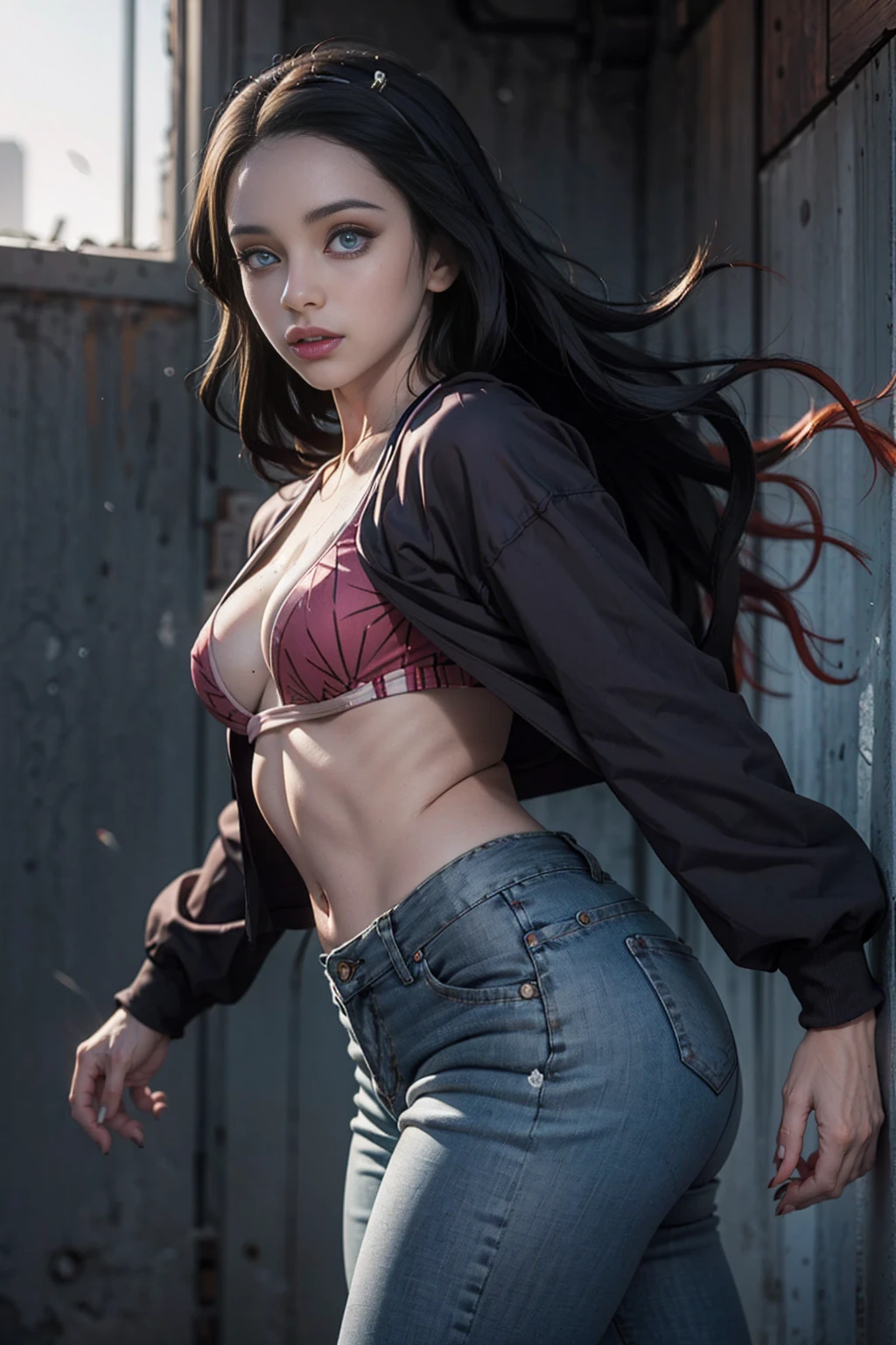 a girl wearing tight jeans showing her big butt, beautiful detailed eyes, beautiful detailed lips, extremely detailed face, longeyelashes, photorealistic, highly detailed, hyper realistic, cinematic lighting, 8k, intricate details, lifelike, striking pose, striking expression, dramatic lighting, realistic skin texture, studio lighting, volumetric lighting, cinematic atmosphere, vibrant colors, beautiful color palette