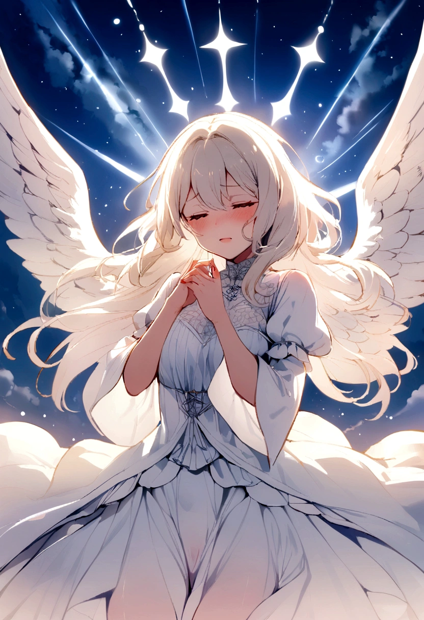 high resolution、High definition、8k、Anatomically correct、null、cloud、Warm Light、(Float in the air, hugging your knees and curling up.)、Close your eyes and become an angel、diagonal、