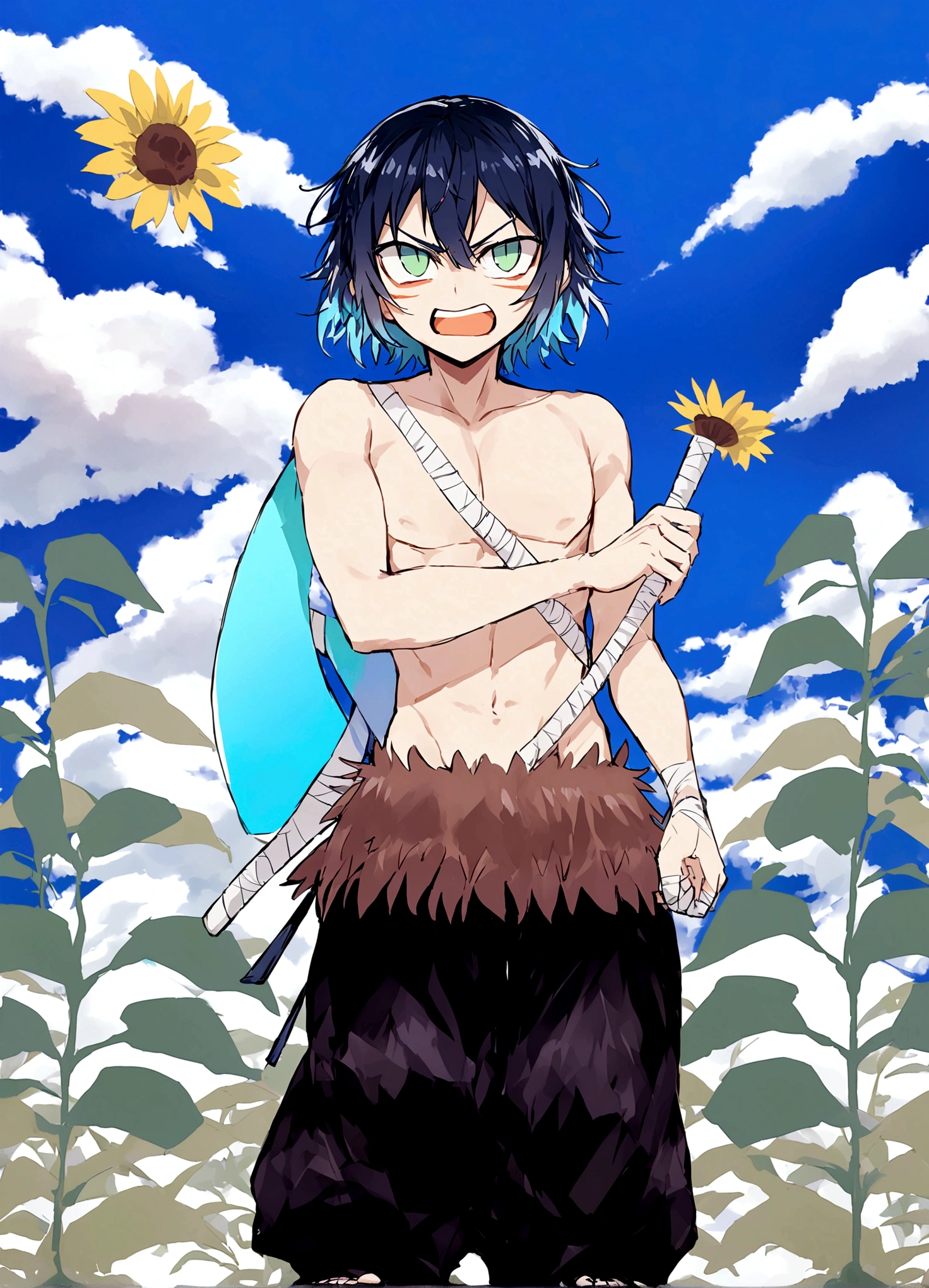 He has short black hair with blue tips.,green eyes,shirtless,dark blue almost black pants that reach to the ankles and then bandages starting from the ankles,and he has some kind of sandals,It's bold and angry