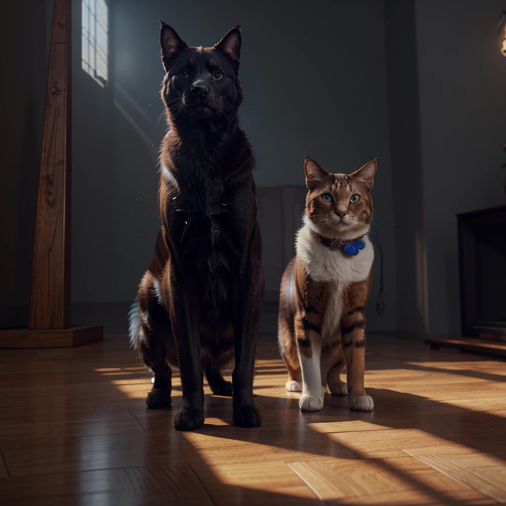 cats, dogs and birds in heaven, deep color, realistic, wide screen, intricate detail, splash screen, complementary colors, Unreal Engine 5 volumetric lighting, dynamic lighting hyperdetailed