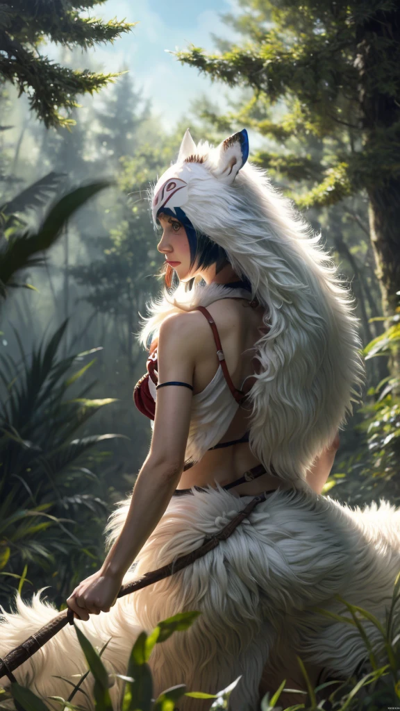 Only people are seen from behind,The dog is looking back,Precision,detailed,dynamic,official art, unity 8k wallpaper, Super detailed, beautiful, beautiful, masterpiece, highest quality, Painting of a woman riding a white wolf in the forest, studio ghibly style mononoke, riding a giant silver wolf, artwork in the style of Gweiz, princess mononoke inspired, Gweiz, Gweiz on artstation pixiv, Gweiz on pixiv artstation, mononoke, furry fantasy art