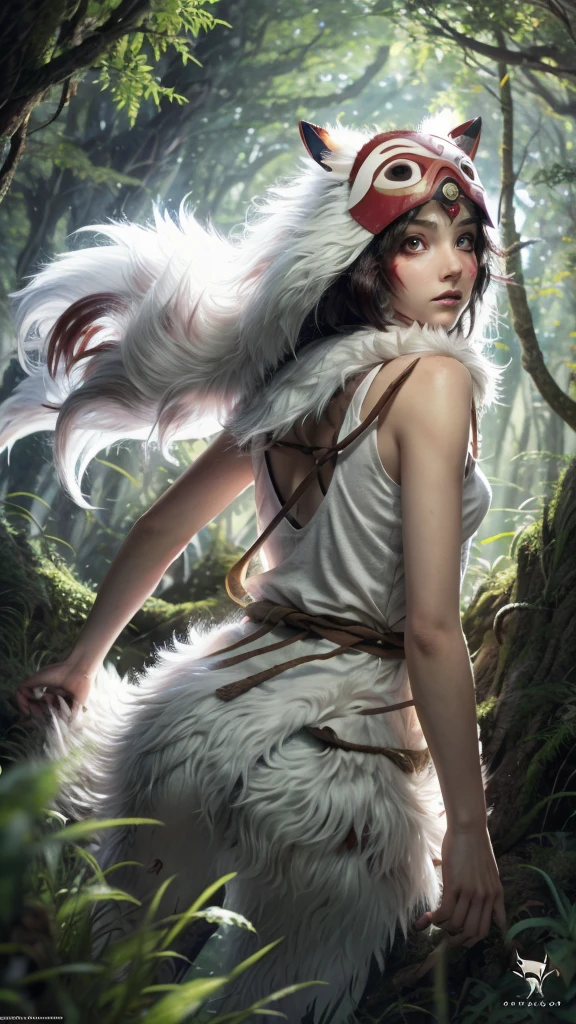 Only people are seen from behind,The dog is looking back,Precision,detailed,dynamic,official art, unity 8k wallpaper, Super detailed, beautiful, beautiful, masterpiece, highest quality, Painting of a woman riding a white wolf in the forest, studio ghibly style mononoke, riding a giant silver wolf, artwork in the style of Gweiz, princess mononoke inspired, Gweiz, Gweiz on artstation pixiv, Gweiz on pixiv artstation, mononoke, furry fantasy art