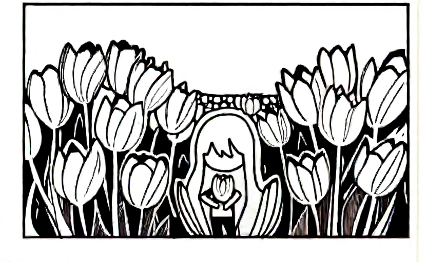 Masterpiece artwork, best qualityer, defined black lines, coloring page, 2 girls, Alone, water, hugging tulips, flower field background, White background, monochrome, arte linear, ((outline))
