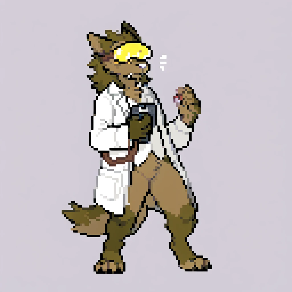 canid, canine, canis, mammal, mythological_canine, were, werecanid, werecanine, werewolf, wolf, anthro, biped, brown_body, brown_fur, white_nose, white_labcoat, yellow_visor, brown_satchel, barefoot, left_hand_holding_pokéball, right_hand_holding_clipboard, standing_straight, standing_upright, male, fingers, fluffy, fluffy_tail, fur, thin_anthro, full_body, solo, digital_media_(artwork), hi_res, masterpiece,