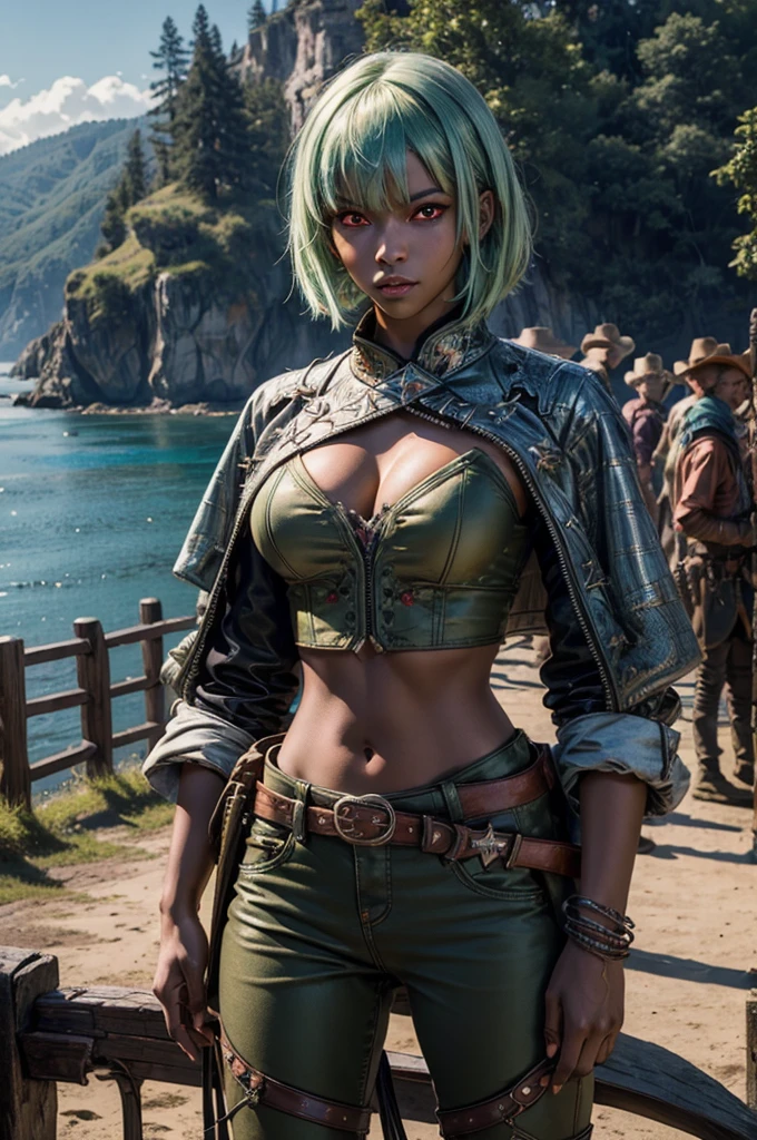 emeraldsustrai, emerald sustrai, short hair, (red eyes:1.5), (green hair), dark skin, dark-skinned female, navel, cleavage, midriff, belt, cleavage cutout, chaps, hands on hips, outdoors, military wedding, lavish wedding reception, on hillside, overlooking coast, sea, crowd, (crowd in military dress), (volumetric lighting),  intricate details, tonemapping, sharp focus, hyper detailed, (cowboy shot:1.5), BREAK (masterpiece:1.2), best quality, high resolution, unity 8k wallpaper, (illustration:0.8), (beautiful detailed eyes:1.6), extremely detailed face, perfect lighting, extremely detailed CG, (perfect hands, perfect anatomy),