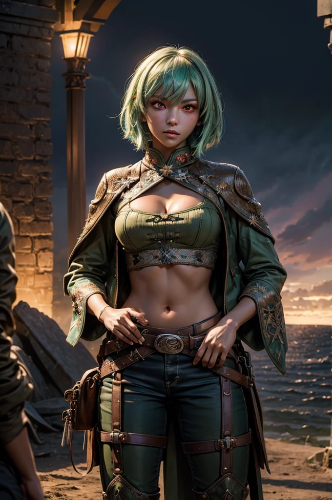 emeraldsustrai, emerald sustrai, short hair, (red eyes:1.5), (green hair), dark skin, dark-skinned female, navel, cleavage, midriff, belt, cleavage cutout, chaps, hands on hips, outdoors, military wedding, lavish wedding reception, on hillside, overlooking coast, sea, crowd, (crowd in military dress), (volumetric lighting),  intricate details, tonemapping, sharp focus, hyper detailed, (cowboy shot:1.5), BREAK (masterpiece:1.2), best quality, high resolution, unity 8k wallpaper, (illustration:0.8), (beautiful detailed eyes:1.6), extremely detailed face, perfect lighting, extremely detailed CG, (perfect hands, perfect anatomy),