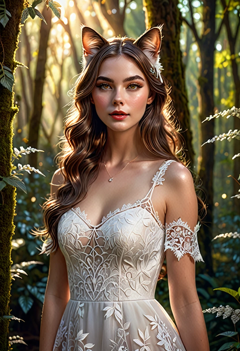 a beautiful woman with cat ears, detailed facial features, long wavy brown hair, intricate cat-like facial features, beautiful detailed eyes, beautiful detailed lips, elegant expression, wearing a white lace dress, standing in a magical forest, sunlight filtering through the trees, ethereal and dreamy atmosphere, (best quality,4k,8k,highres,masterpiece:1.2),ultra-detailed,(realistic,photorealistic,photo-realistic:1.37),detailed digital painting,fantasy,whimsical,soft lighting,warm color palette
