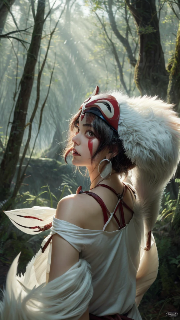 Only people are seen from behind,The dog is looking back,Precision,detailed,dynamic,official art, unity 8k wallpaper, Super detailed, beautiful, beautiful, masterpiece, highest quality, Painting of a woman riding a white wolf in the forest, studio ghibly style mononoke, riding a giant silver wolf, artwork in the style of Gweiz, princess mononoke inspired, Gweiz, Gweiz on artstation pixiv, Gweiz on pixiv artstation, mononoke, furry fantasy art
