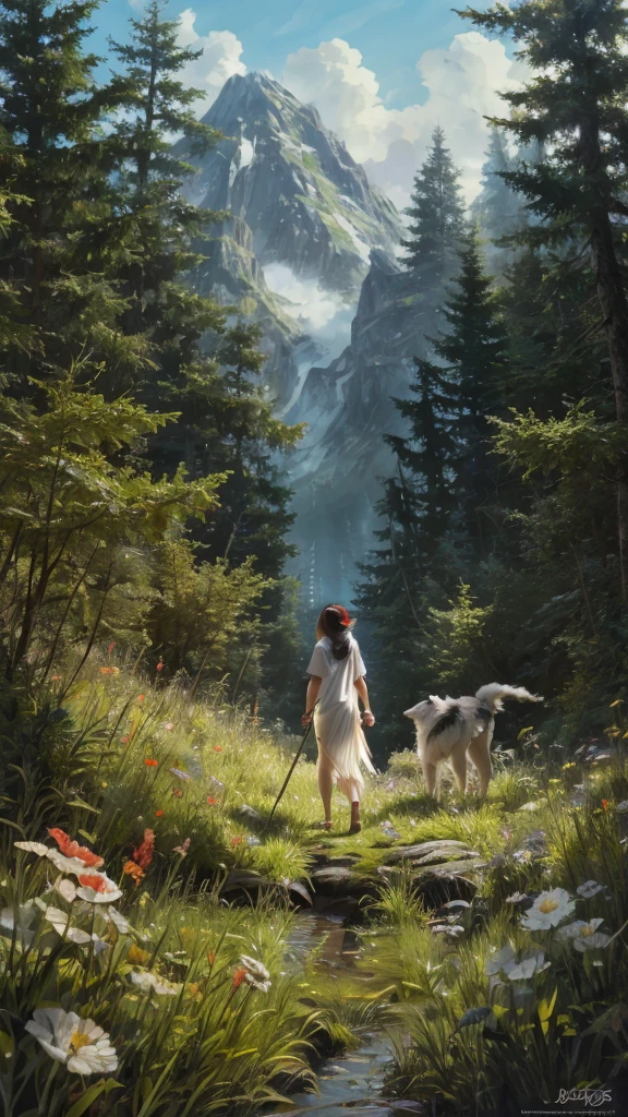 Only people are seen from behind,The dog is looking back,Precision,detailed,dynamic,official art, unity 8k wallpaper, Super detailed, beautiful, beautiful, masterpiece, highest quality, Painting of a woman riding a white wolf in the forest, studio ghibly style mononoke, riding a giant silver wolf, artwork in the style of Gweiz, princess mononoke inspired, Gweiz, Gweiz on artstation pixiv, Gweiz on pixiv artstation, mononoke, furry fantasy art