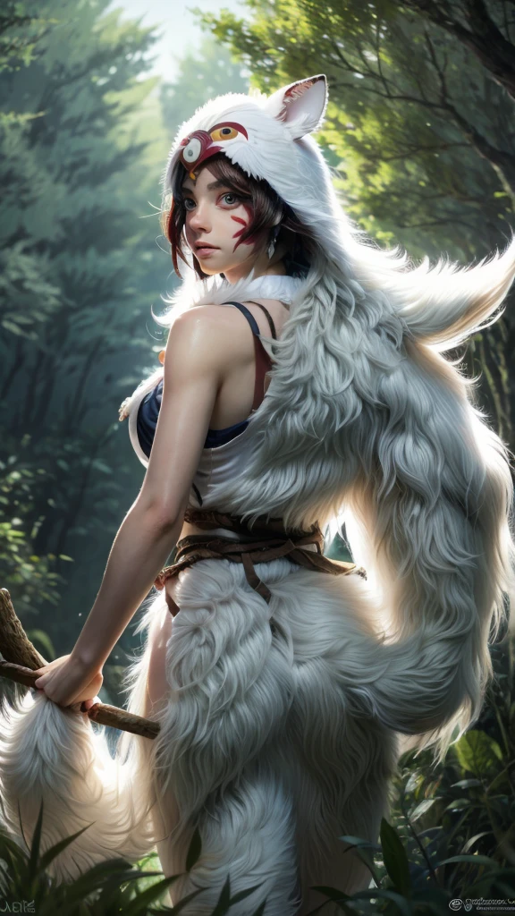 Only people are seen from behind,The dog is looking back,Precision,detailed,dynamic,official art, unity 8k wallpaper, Super detailed, beautiful, beautiful, masterpiece, highest quality, Painting of a woman riding a white wolf in the forest, studio ghibly style mononoke, riding a giant silver wolf, artwork in the style of Gweiz, princess mononoke inspired, Gweiz, Gweiz on artstation pixiv, Gweiz on pixiv artstation, mononoke, furry fantasy art