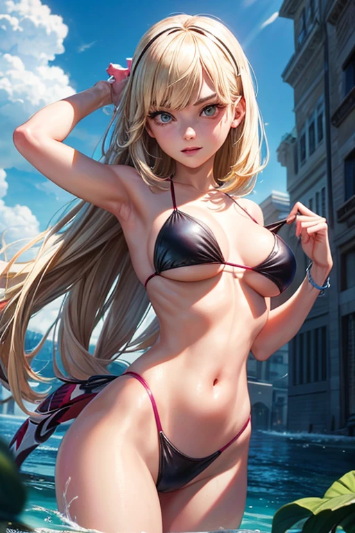 Create a photo of sexy Gwen Stacy in a bikini spider man suit showing her breasts